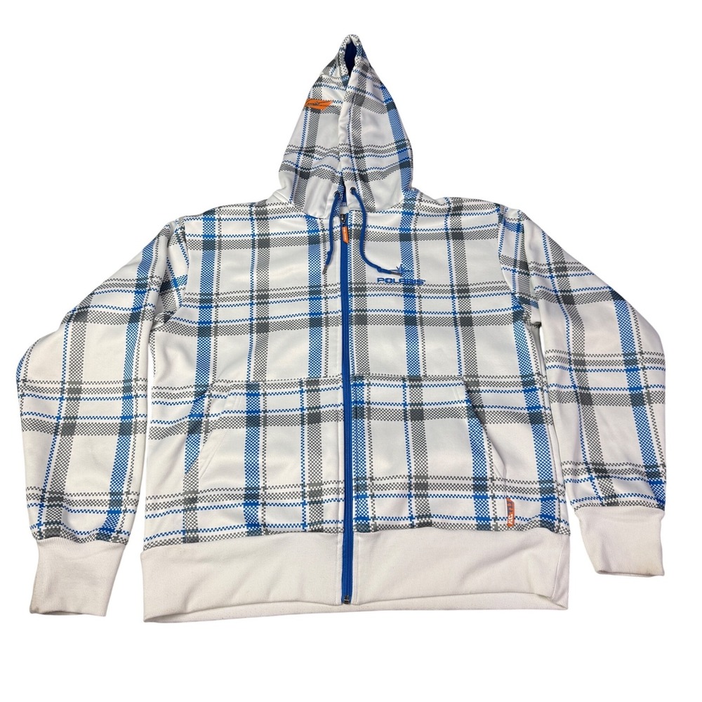 Polaris Mens Keith Curtis KC717 Plaid Full‎ Zip Hoodie White Blue Fleece Medium